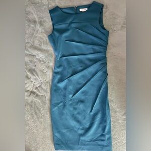Calvin Klein Teal Sleeveless Midi Sheath Dress with Draped Pleats